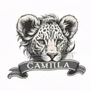 lion cub face with name written on the side "Camila" tattoo design idea