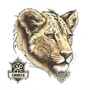 lion cub face with name written on the side "Camila" tattoo design idea