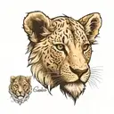 lion cub face with name written on the side "Camila" tattoo design idea