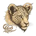 lion cub face with name written on the side "Camila" tattoo design idea