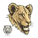 lion cub face with name written on the side "Camila" tattoo design idea