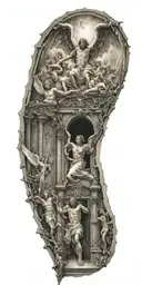 angels going through gates of heaven while fighting demons trapped in hell tattoo design idea