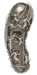 angels going through gates of heaven while fighting demons trapped in hell tattoo design idea