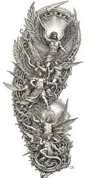 angels fighting demons flying with open wings and heavens gates in background and trumpets playing tattoo design idea
