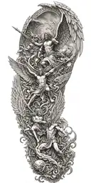 angels fighting demons flying with open wings and heavens gates in background and trumpets playing tattoo design idea