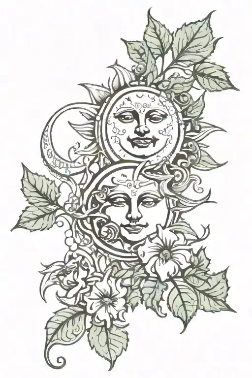Sun and moon merging together with posin ivy vine   tattoo design idea