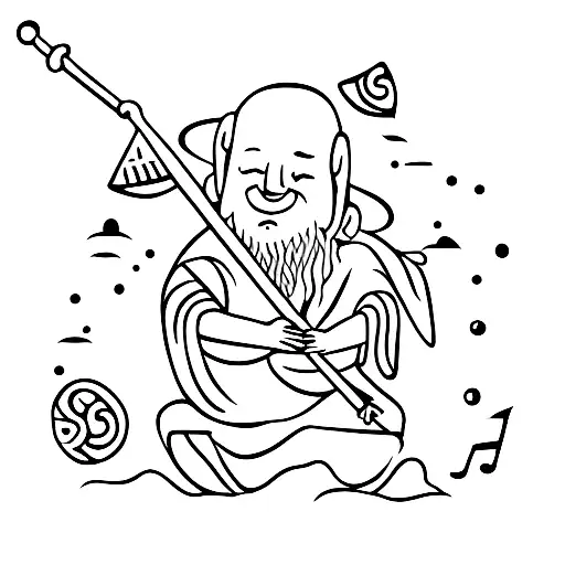 man wearing Taoist robe playing a lute on a stone wall tattoo design idea