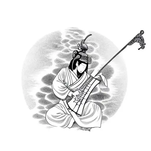 man wearing Taoist robe playing a lute on a stone wall tattoo design idea