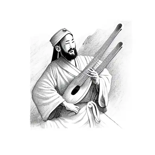 man wearing Taoist robe playing a lute on a stone wall tattoo design idea