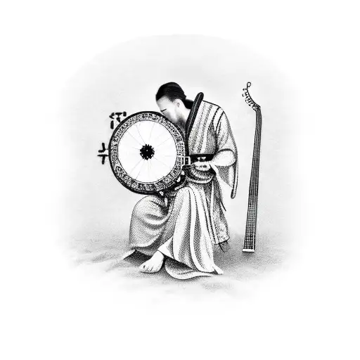 man wearing Taoist robe playing a lute on a stone wall tattoo design idea