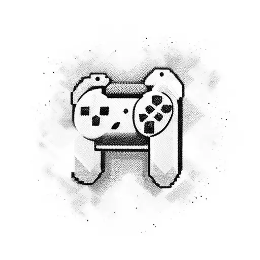 A video game controller morphing into a sword, with pixelated flames surrounding it tattoo design idea