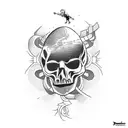A parkour silhouette jumping over a skull-shaped obstacle tattoo design idea