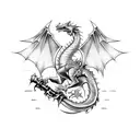 A pixelated heavy metal band logo featuring a dragon and crossed swords tattoo design idea