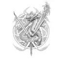A pixelated heavy metal band logo featuring a dragon and crossed swords tattoo design idea