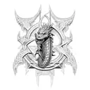A pixelated heavy metal band logo featuring a dragon and crossed swords tattoo design idea