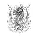 A pixelated heavy metal band logo featuring a dragon and crossed swords tattoo design idea
