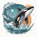 Orca whale jumping out of the water with a galaxy behind it tattoo design idea
