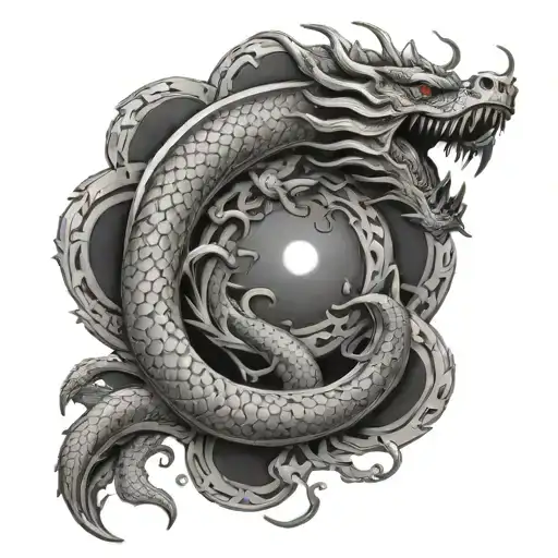 serpentine dragon spiraling up with crescent moon and tsunami present tattoo design idea