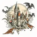 castle with dragons flying around. fairies and vampires. werewolves full moon. magic wands. books in background to fill  tattoo design idea
