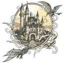 castle with dragons flying around. fairies and vampires. werewolves full moon. magic wands. books in background to fill  tattoo design idea