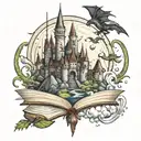 castle with dragons flying around. fairies and vampires. werewolves full moon. magic wands. books in background to fill  tattoo design idea