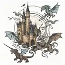 castle with dragons flying around. fairies and vampires. werewolves full moon. magic wands. books in background to fill  tattoo design idea