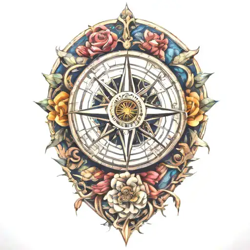 compass rose blooming tattoo design idea