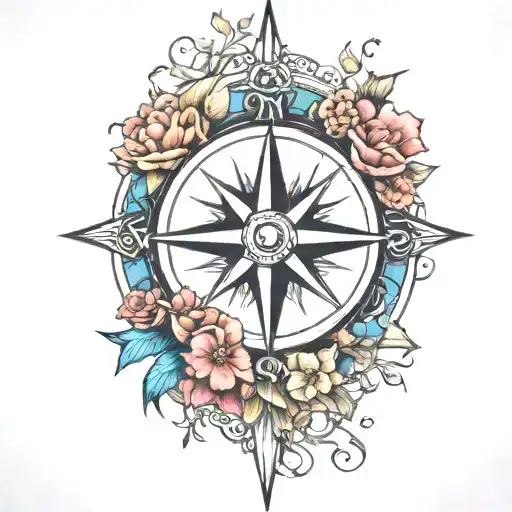 compass rose blooming tattoo design idea