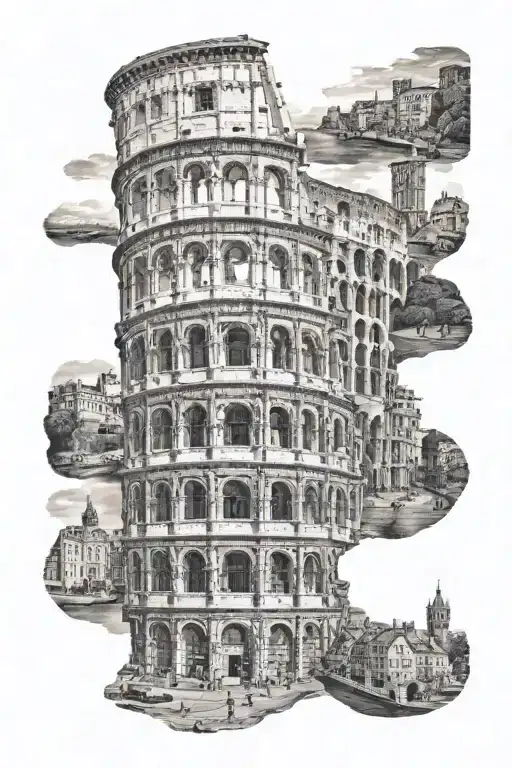 mural depicting colosseum, parthenon, tower bridge, edinburgh castle, stonehenge, sistine chapel, big ben tattoo design idea