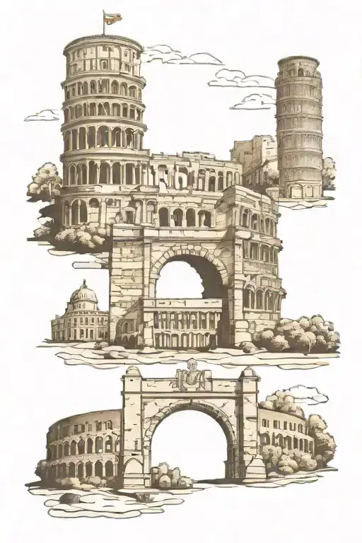 mural depicting colosseum, parthenon, tower bridge, edinburgh castle, stonehenge, sistine chapel, big ben tattoo design idea