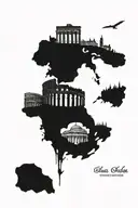 mural depicting colosseum, parthenon, tower bridge, edinburgh castle, stonehenge, sistine chapel, big ben tattoo design idea