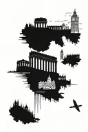 mural depicting colosseum, parthenon, tower bridge, edinburgh castle, stonehenge, sistine chapel, big ben tattoo design idea
