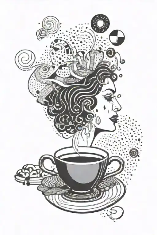 An abstract design combining elements of beat generation literature, women, and coffee in a dotwork style tattoo design idea