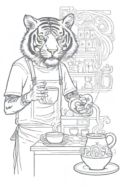 A barista serving coffee to a tiger in a whimsical and playful sketch style tattoo design idea
