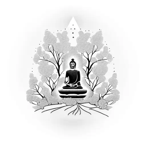 A Buddha meditating under a Lebensbaum tree with Kirschblüte blossoms falling around him tattoo design idea