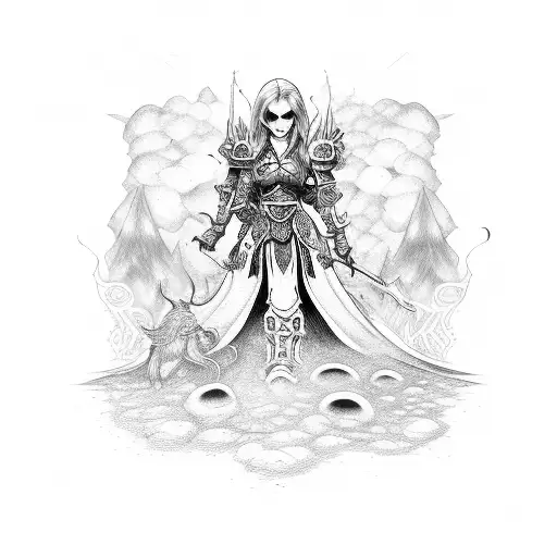 A World of Warcraft Rogue blending into a background of psychedelic mushrooms tattoo design idea