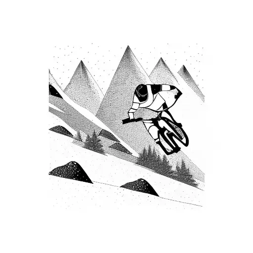 A silhouette of a mountain biker conquering a steep downhill descent tattoo design idea
