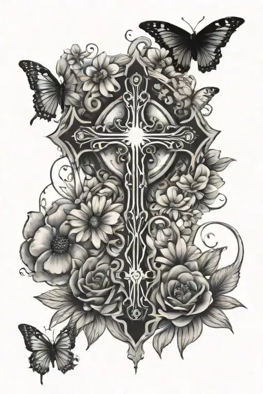 Cross in the middle (simple black cross) with planets surrounding it with butterflies and flowers (daisies) tattoo design idea
