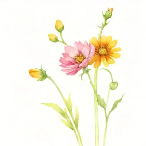 marigold and cosmos and Chrysanthemum with stems  tattoo design idea