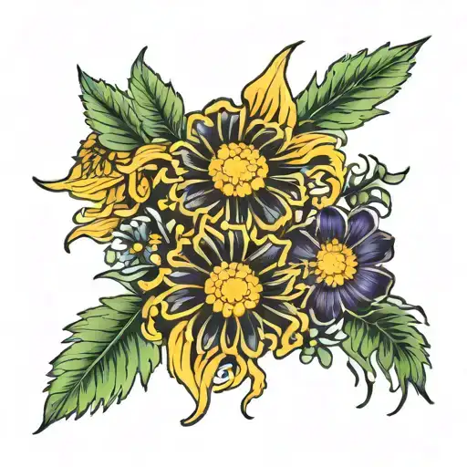 marigold and cosmos and Chrysanthemum with stems  tattoo design idea
