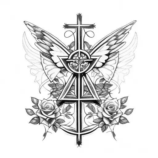 shattered cross with plant vines and few roses peaking out of it with butterfly incorporated angel wings on each side. tattoo design idea