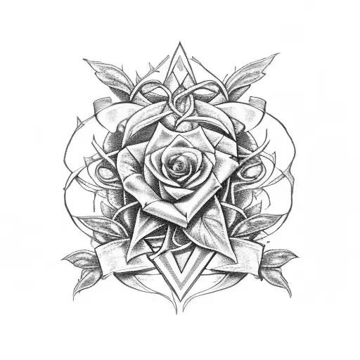 shattered cross with plant vines and few roses peaking out of it with butterfly incorporated angel wings on each side. tattoo design idea