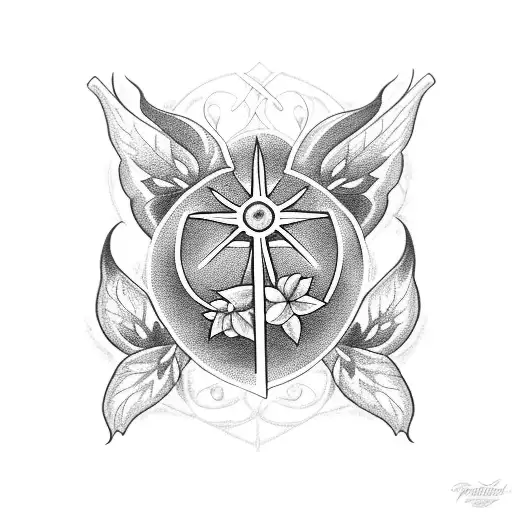 shattered cross with plant vines and few roses peaking out of it with butterfly incorporated angel wings on each side. tattoo design idea