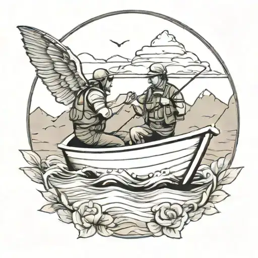2 people fly fishing on a boat with mountains in the backround. rest in peace alex tattoo design idea