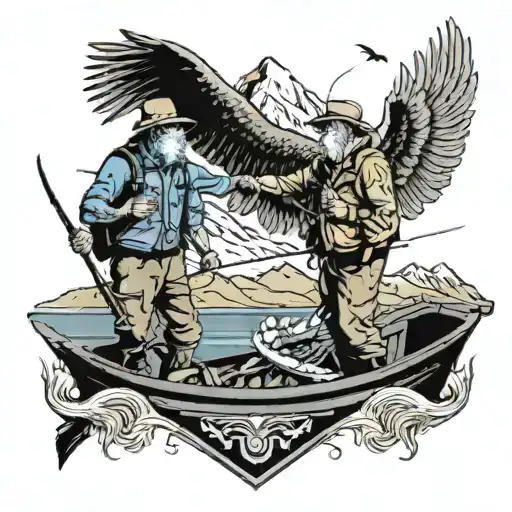 two freinds fly fishing on a boat, mountains in backround. One has passed away and has angel wings  tattoo design idea