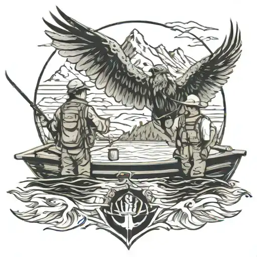 two freinds fly fishing on a boat, mountains in backround. One has passed away and has angel wings  tattoo design idea