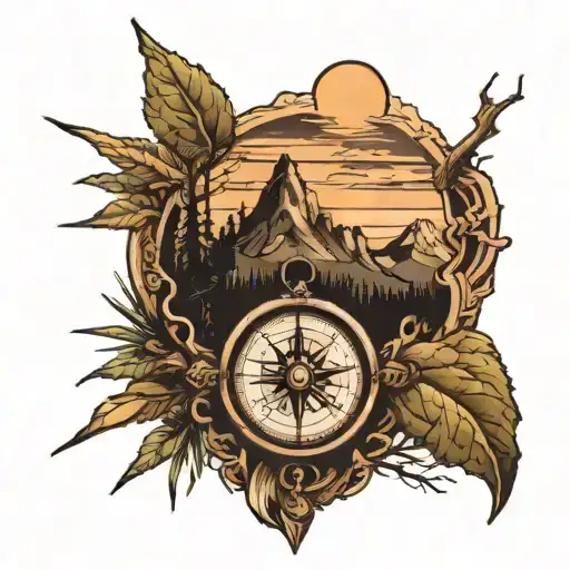 wilderness mountain with compass tattoo design idea