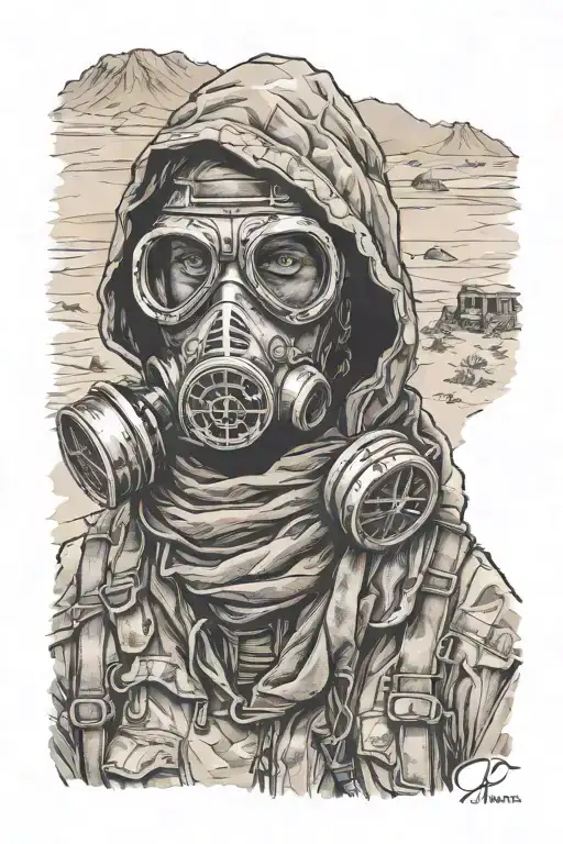 post apocalyptic wanderer with gas mask and hood and scarf in desert tattoo design idea
