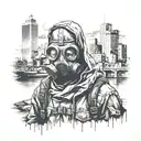 post apocalyptic wanderer with gas mask and hood with background of big city tattoo design idea