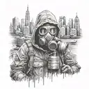 post apocalyptic wanderer with gas mask and hood with background of big city tattoo design idea